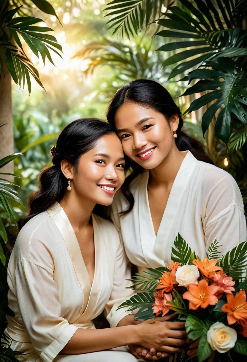 A serene scene capturing the essence of romance between two mature Filipinos, surrounded by lush tropical foliage, soft candlelight illuminating their faces, showcasing a genuine connection with warm smiles and gentle touches. Include traditional Filipino elements like intricate textiles and delicate floral arrangements to enhance cultural richness. Soft, dreamy lighting to evoke intimacy and passion. watercolor style. warm colors. soft focus.