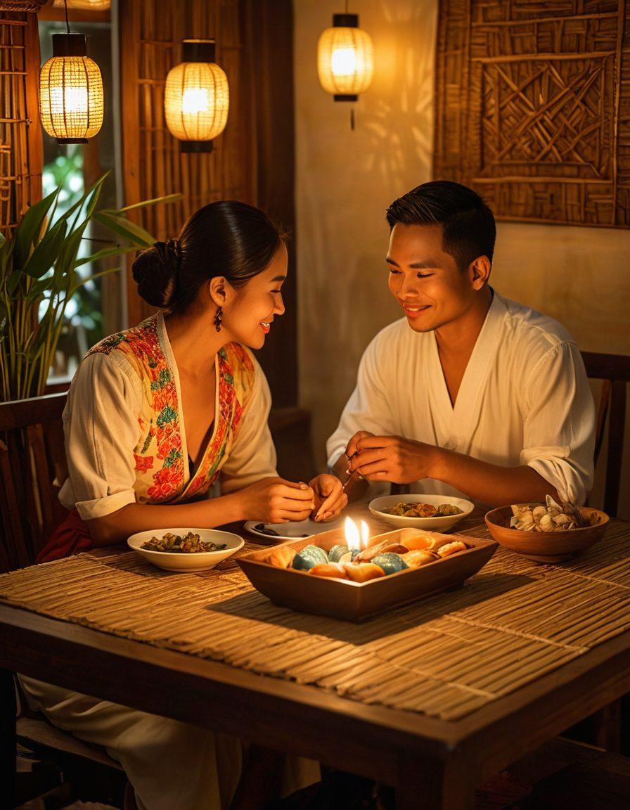 A warm, intimate setting showcasing a cozy Filipino home adorned with traditional decor. In the foreground, a couple sharing a heartfelt moment, illustrating the essence of affection transforming into passion through their gazes and gestures. Soft candlelight creates a romantic ambiance, while elements like a shared meal and symbolic Filipino motifs enhance the cultural context. This scene captures the beauty of intimacy in Filipino love stories. vibrant colors. super-realistic.