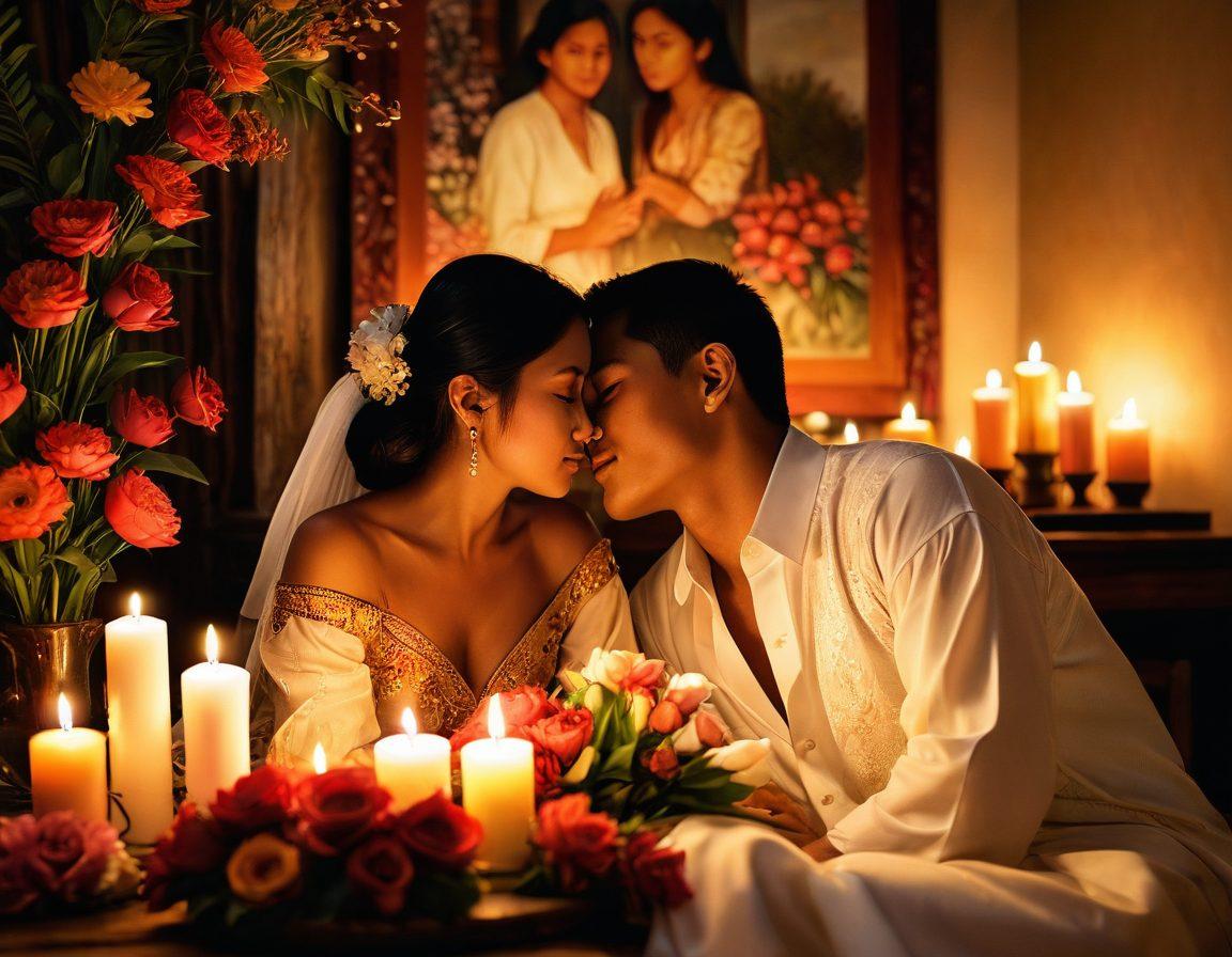 A beautifully lit intimate setting depicting a Filipino couple sharing a tender moment, surrounded by traditional decor and soft, romantic lighting. The scene captures the essence of love and passion, with elements like flowers, candles, and traditional Filipino fabrics. Incorporate emotions through their expressions, showcasing a deep connection. surrealistic. warm colors. soft focus.